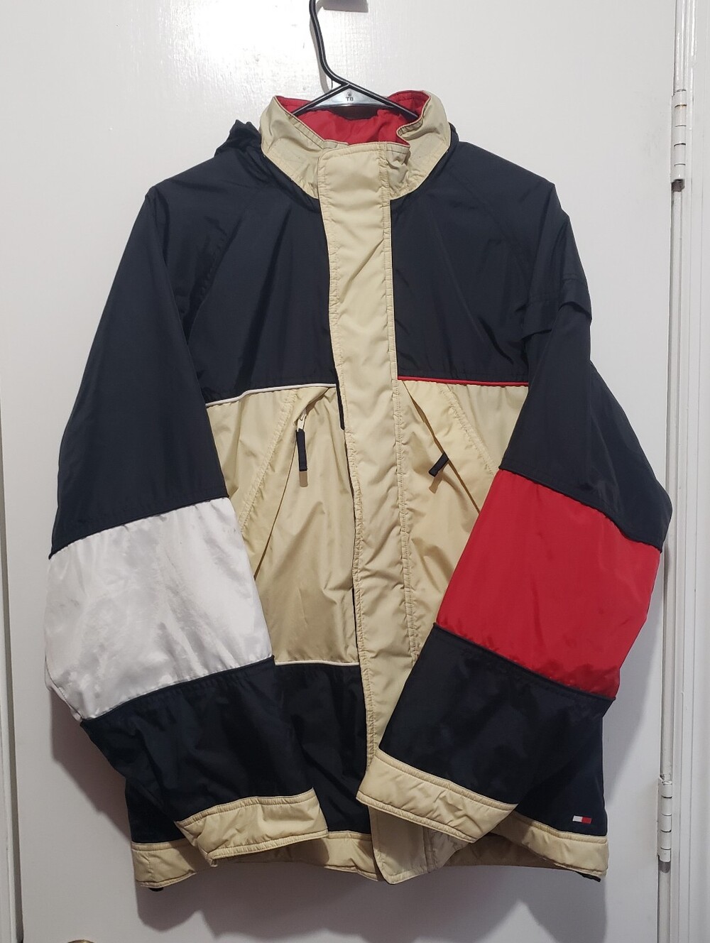 Vintage Tommy Hilfiger Puffer Jacket Mens XL Colorblock Hooded Big Logo Coat